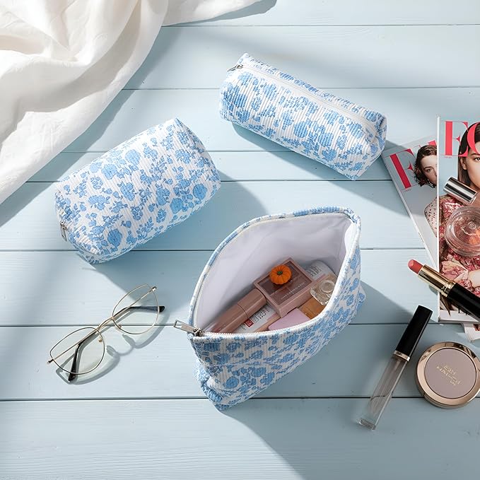 3 Pcs Makeup Bag Set for Women Corduroy Cosmetic Pouch Aesthetic Smile Travel Toiletry Bag Cute Purse Pouch Pencil Case Makeup Brushes Storage Organizer for Christmas(Blue, Flower)