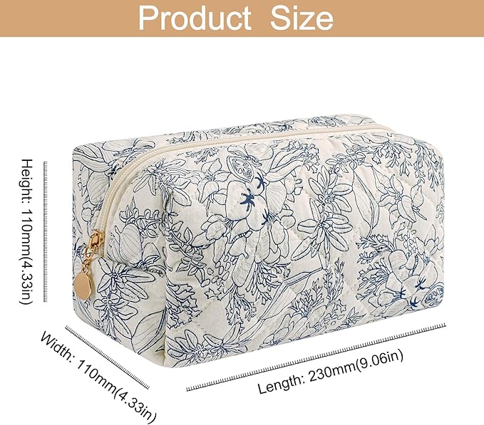 Makeup Bag Travel Cosmetic Bag for Women Girls, Zipper Make Up Pouch, Floral Flowers Toiletry Organizer Makeup, Portable Storage Bag, Cosmetic Travel Cloth Bag (Blue Floral+Navy Blue Flower)