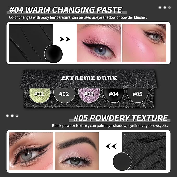 Black Eyeshadow Palette, 5 Colors True Black Chameleon Green Purple Color Changing Blush Eyes Multi-Use Dark Goth Makeup Pallet, Shimmer Matte Metallic Sombras De Ojos Kit for Daily Halloween2