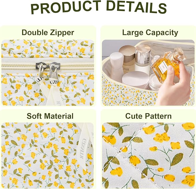 4Pcs Quilted Makeup Bag Set Cute Floral Cosmetic Bag Cotton Coquette Make up Bag Aesthetic Travel Toiletry Bag for Women Girls