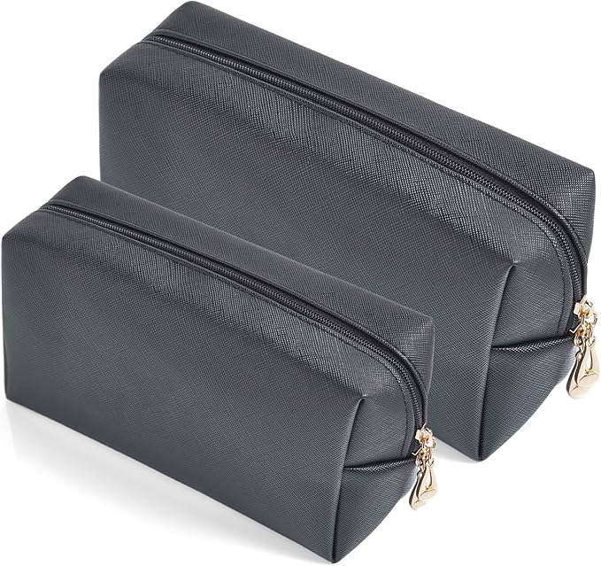 2pcc set PU Leather Cosmetic Bag for Women Minimalism Makeup Bag for Daily Use Portable Storage Purse Small Neat Cosmetic Pouch Water-resistant Toiletry Bag for Travel (Black)
