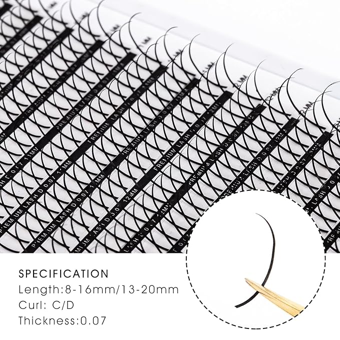 KOLYBEL Premade Fan Spikes Lash Extensions 0.07mm D Curl 8-15mm Mixed Tray Wipsy Volume Lash Extensions 320 Spikes Fans Matte Black Eyelash Extension Supplies（0.07-D,8-15mm）