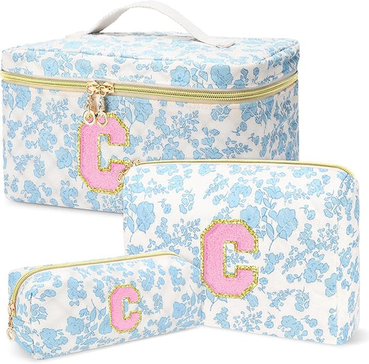 3 PCS Travel Makeup Bag Set, A-Z Initials Cotton Make up Bag Floral Quilted Cosmetic Bag for Girls and Women, Personalized Cute Toiletry Bag Travel Accessories Brushes Bag Blue - C