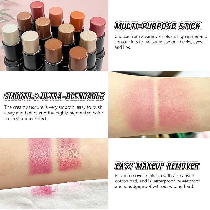 2 Pcs Cream Blush Sticks - Natural & Matte, Lightweight, Blendable Makeup Kit - Shimmer Blush (#01 Pink, #04 Fuchsia)