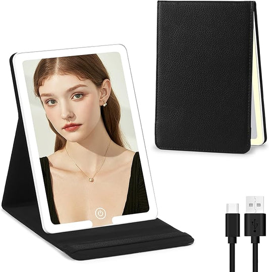 Travel Makeup Mirror with Lights, PU Leather Cover Vanity Mirror with 3 Light Settings, Rechargeable 1500mAh Lighted Makeup Mirror Portable Ultra-Slim LED Cosmetic Mirror of 8x5.5inch