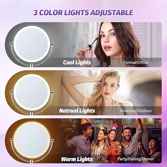 9" Makeup Mirror with Lights: 1X/15X Lighted Makeup Mirror with Magnification, True HD Magnifying Mirror with 3 Color Lights, 360°Rotation Double Sided Desk Mirror, Base Charging & Touch Switch,Chrome