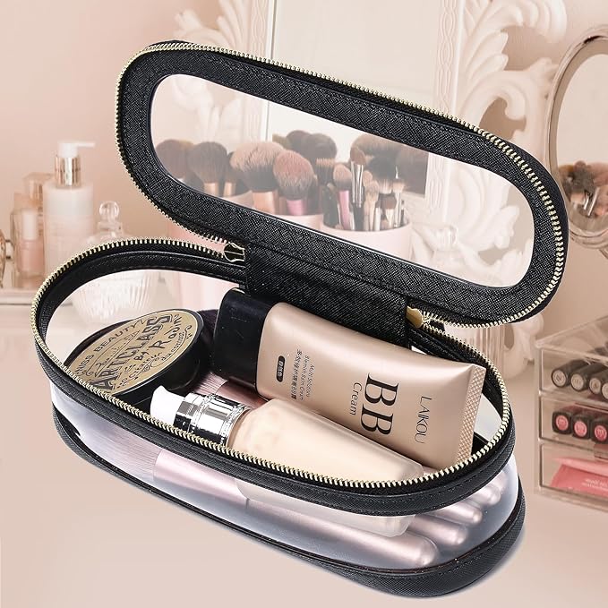 Makeup Brush Case Clear Travel Cosmetic & Toiletry Bag Slim Makeup Bag with Zipper Small Purse Organizer Car Essential Bag for Women (Black, SLIM-2),