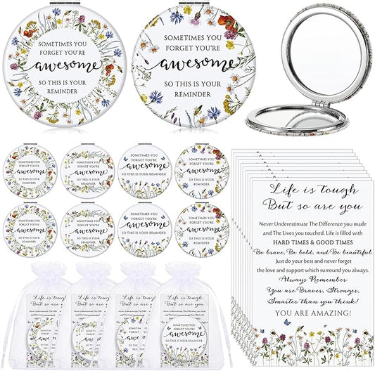 Geetery Inspirational Compact Mirror Gifts for Women Bulk Small Flower Makeup Pocket with Card Bag Double Sided Folding Mirror for Purse CNA Week Wedding Return Bridal Shower, 4 Styles(12 Sets)