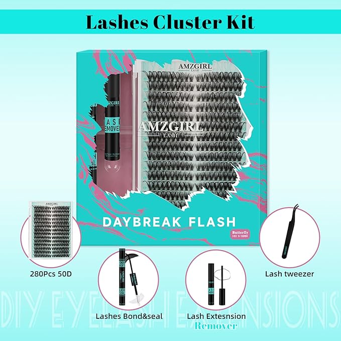 Lash Clusters Kit 280pcs Lashes extensxion Wispy Kit 50D D Curl with Bond&Seal Waterproof,Lashes Glue Remover,Lash Tweezers Tools for Eyelash Extension Kit(50D,9-18mmMIX Kit)