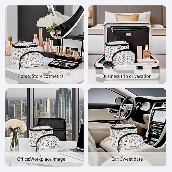 AmBealla Cosmetic Bag Large Makeup Bags White Travel Case with Makeup Brush Holder，2PCS Cosmetic Organizer for women, Toiletry Storage Bag for Skincare & Beauty Tools Sweet Cute for Girls