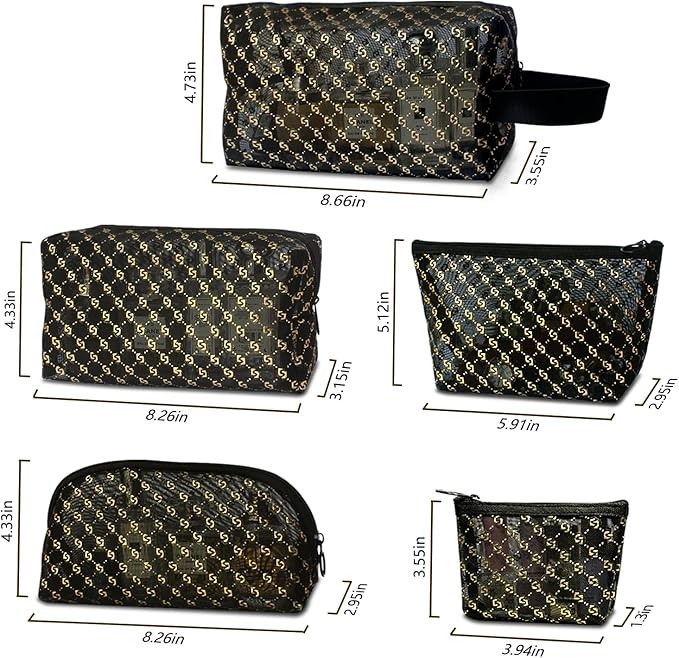 5 Pieces Zipper Mesh Makeup Bags Set, Portable Travel Mesh Cosmetic Bags Toiletry Bags Makeup Purse pouches, Zipper Storage Pouches for Home Offices Travel Accessories (Black Hot Stamping-5pcs)