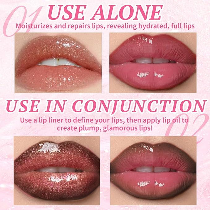 2 Color Nourishing Lip Gloss Brown Liner Combo, Hydration Plumping Glitter Lip Glow Oil Set for Women, Moisturizing Lightweight Long Lasting High Shine Lip Tint, Mini Liquid Lipstick Makeup