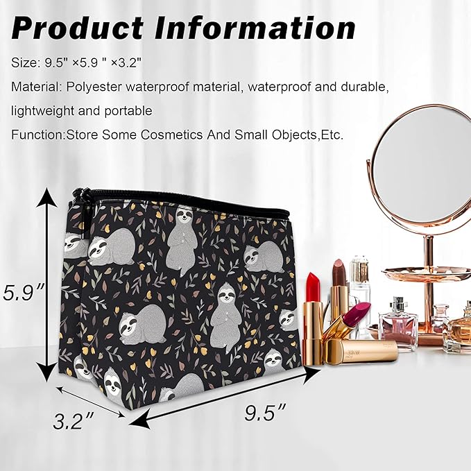 Makeup Bag for Purse, Waterproof Funny Cute Baby Sloths Leaves Cosmetic Bag for Women, Zipper Travel Toiletry Gift 9.5×5.9 Inch