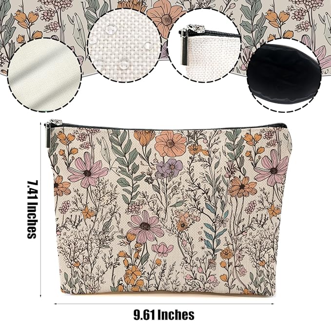 2pcs Vintage Floral Makeup Bag, Daisy Flower Cosmetic Bag Garden Gifts for Women Female Girls Sister BFF Nature Lover, Travel Zipper Pouch Christmas Thanksgiving Birthday Gifts