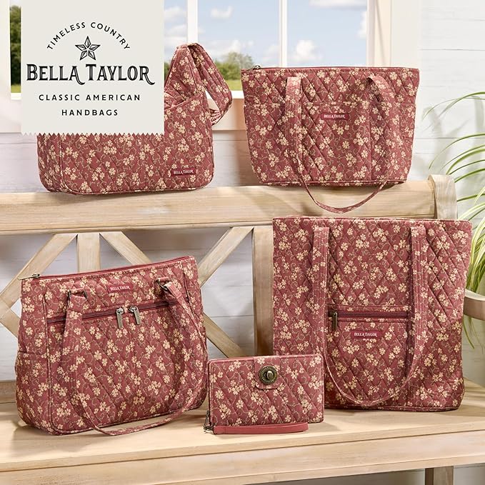 Bella Taylor Large Makeup Pouch for Women | Quilted Cotton Cosmetic Bag for Travel and Organization | Burgundy Floral