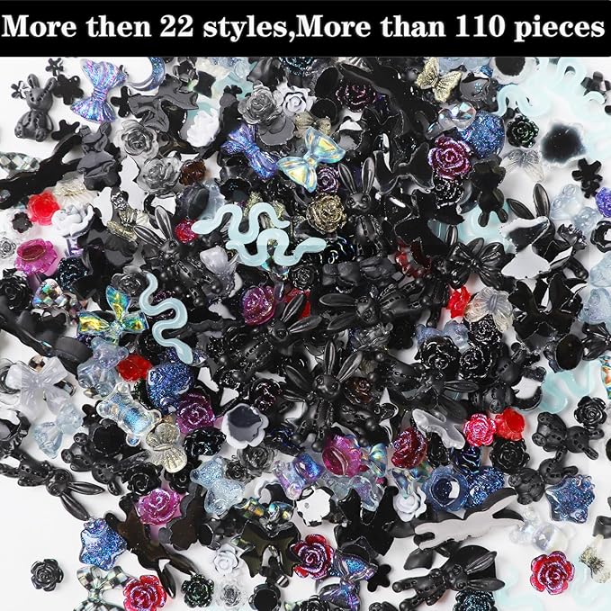 110 Pieces 3D Nail Charms for Acrylic Nails, Camellia Rose Flower Butterfly Bowknot Heart Bear Rabbit Star Charms for Nail Art Designs DIY Accessories Craft(Black)