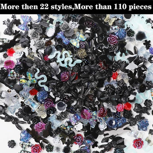 110 Pieces 3D Nail Charms for Acrylic Nails, Camellia Rose Flower Butterfly Bowknot Heart Bear Rabbit Star Charms for Nail Art Designs DIY Accessories Craft(Black)