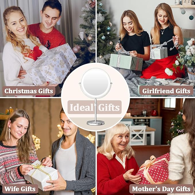 9in Vanity Mirror with Lights, Rechargeable 5000mAh Lighted Makeup Mirror, 1X/20X Double Sided Magnifying Mirror, 360° Rotate, 3 Color Lights, Up to 3800lux with 60 LEDs, Brightness Adjustable,Silvery