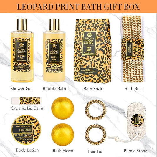 Bath Gift Set for Women, XXL 20 Pcs Skin Care Set Leopard Print Spa Gifts for Birthday, Mother's Day, Valentine's Day, Christmas, Home Spa Kits with Shower Gel, Body Lotion, Shower Cap, Manicure Set