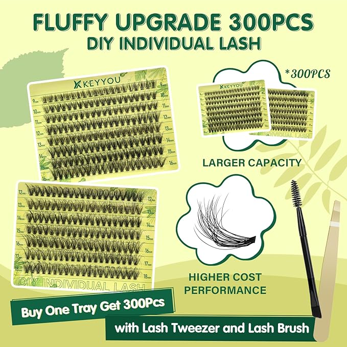 3D Effect Individual Eyelash Clusters 300pcs 30D D Curl 9-18MIX Wispy Fluffy Cluster Lashes Natural Soft DIY Lash Extension
