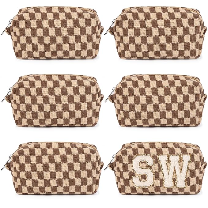 6 Pcs Preppy Makeup Bag Bulk Checkered Cosmetic Bag Brown Makeup Pouch Personalize Travel Toiletry Bag Organizer Cute DIY Makeup Brushes Storage Bag for Women