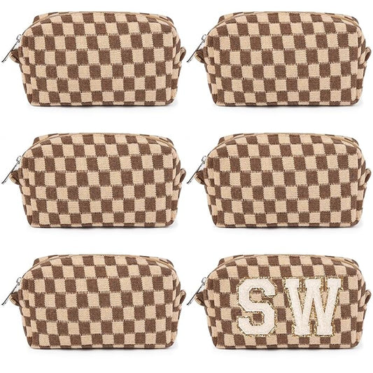 6 Pcs Preppy Makeup Bag Bulk Checkered Cosmetic Bag Brown Makeup Pouch Personalize Travel Toiletry Bag Organizer Cute DIY Makeup Brushes Storage Bag for Women