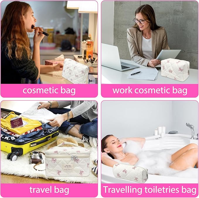 4 Piece Cute Pink Bow Quilted Makeup Bag Set, Large Capacity Travel Makeup Bags for Women and Girls, Includes Small, Small-Medium，Medium, and Large aesthetic makeup&Cosmetic Bags (4PCS-Pink Bow)