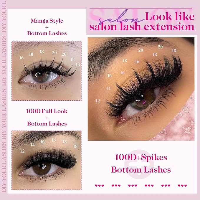 100D Lash Clusters Kit with Bottom Lashes Spikes DIY Lash Extension Kit Thick Cluster Eyelash Extensions 5-20mm Cluster Lashes Strips Eyelash Clusters Individual Lashes Kit with Glue by CORUSCATE