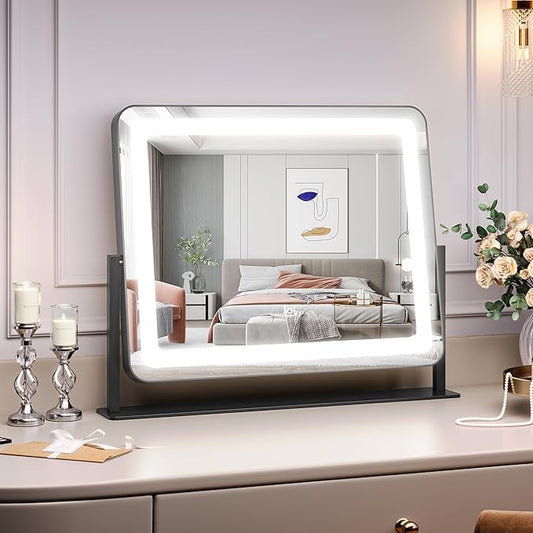 19.6"x15.7" Vanity Mirror with Lights, Large Lighted Mirror, LED Makeup Mirror with 3-Color Dimmable Modes and Smart Touch Control, Perfect for Desk or Bedroom, Vanity Desk Tabletop Makeup, White