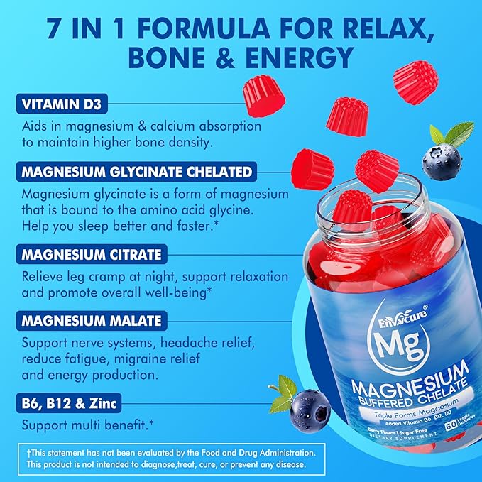 Magnesium Gummies - Triple Magnesium Complex, Magnesium Glycinate Gummies | Magnesium Glycinate, Malate, Citrate w/ D3 B6 B12, for Calm, Sleep & Muscle Cramp | High Absorption | Vegan, 2 Pack