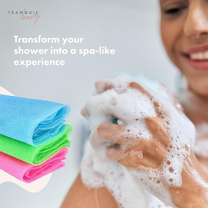 TranquilBeauty Exfoliating Towel Set of 3 - Soft, Quick-Dry Scrub Towels for Body (Not for Face) | Deep Cleanse | Machine Washable | Korean Exfoliating Cloth | 36x12 Inches - Green, Blue, Pink