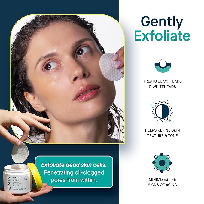 SLMD by Dr. Pimple Popper - AHA BHA Toner Pads Swipes, Salicylic Acid, Glycolic Acid & Lactic Acid - Daily Resurfacing Pads for Face & Body - Facial Exfoliating Resurface, Treat, and Prevent Acne