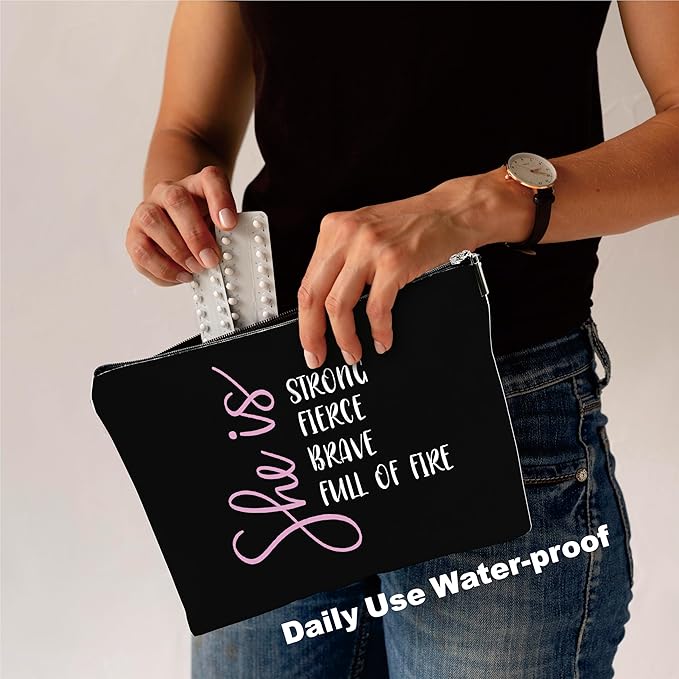Minimalism Makeup Bag - She Is Strong, Fierce, Brave, Full Of Fire - Energy Quotes Cosmetic Bag, Toiletry Bag Gift For Girls, Teen, Personal Care & Accessories(Dark) - A08