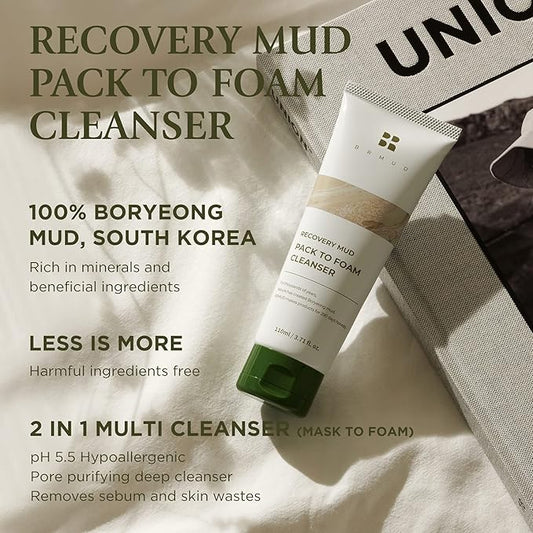 Recovery Mud Pack to Foam Facial Cleanser for Sebum Control and Makeup Cleansing 110ml (3.72 fl.oz.) - 2-in-1 Foaming Cleanser for Pore Reduction, Hydrating and Pore Tightening