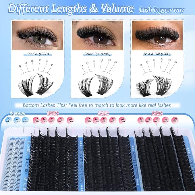 Lash Clusters 100D120D150D with Bottom Lash, Cluster Eyelash Extensions Long 12-20mm DIY Cluster Lashes Thick Eyelash Clusters Volume Individual Lashes Extension 390pcs Eyelashes Strip by CORUSCATE