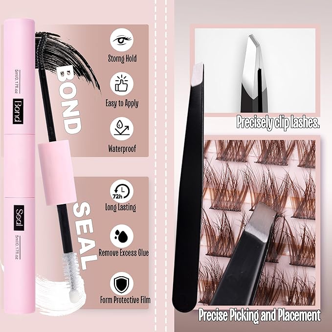 Brown Lash Clusters Kit Natural Dark Brown Eyelash Extensions Kit Wispy Individual Lashes C-Curly Cluster Lashes Extensions with Bond and Seal Lash Glue and Eyelashes Tweezers Lash Kit