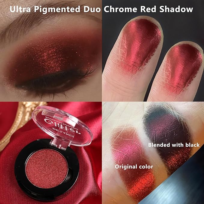 Afflano Single Red Eyeshadow Palette Shimmery, Ultra Pigmented Red Glitter Eyeshadow, Sparkly Duo Chrome Dark Red Makeup Eye Shadow Powder, Multi-Dimensional Eyes Look Goth Christmas Makeup