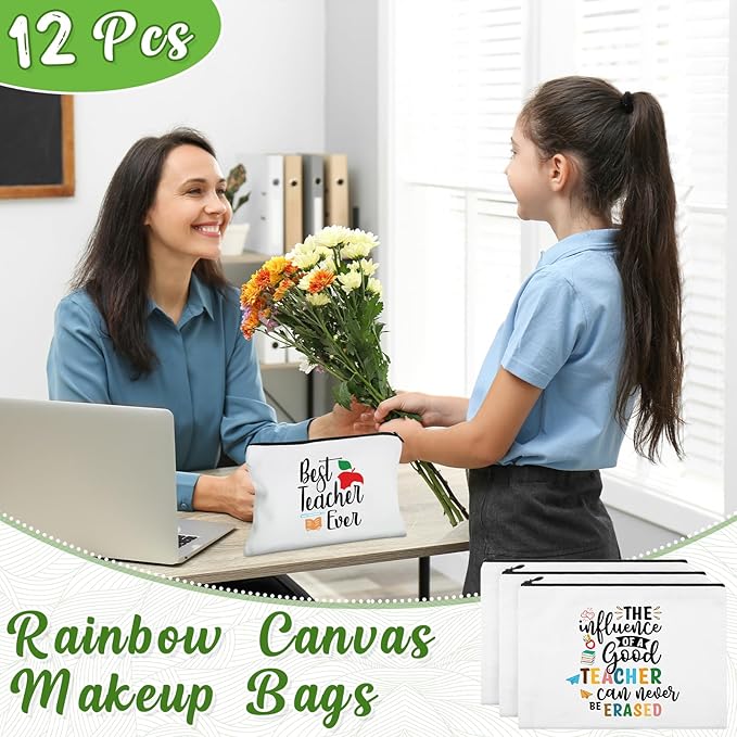 12 Pcs Teacher Gifts Makeup Bags Teacher Appreciation Travel Toiletry Canvas Cosmetic Pencil Survival Kit Bag for Women Zipper Pouch Bag Thank You Gifts Bulk (Warm Words)