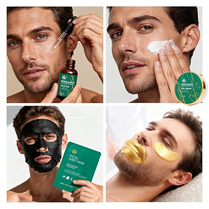 Men Bergamot Facial Skin Care Set, 21 Pcs Beard Grooming Kit, Bath and Body Gift Set, Cleanser, Beard Oil, Serum, Face Cream, Birthday, Christmas, Valentines, Father Day, Husband, Dad, Boyfriend