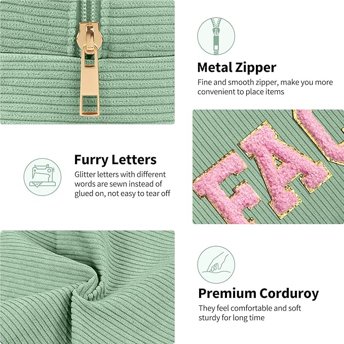 MAGEFY Small Makeup Bag for Purse Portable Makeup Pouch with Compartments Corduroy Make up Bag for Women Travel Cosmetic Essential (Green, FACE)