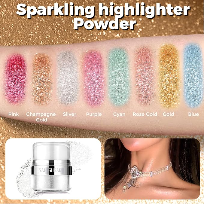 Body Shimmer Powder, 2PCS Glitter Highlighter Powder for Face, Liquid Highlighter Blush Body Glow Shimmer Powder Fairy Brightening Makeup Stick for Eyes, Hair (Sliver, 1.13 Ounce (Pack of 1))