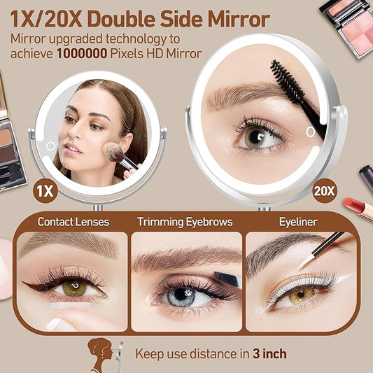 Magnifying Mirror with Light 20X, Height-Adjustable Lighted Makeup Mirror with Magnification, Double - Sided Aluminum Alloy LED Mirror, 3 Lighting Modes Ideal for Desk Bathroom Makeup, Silver