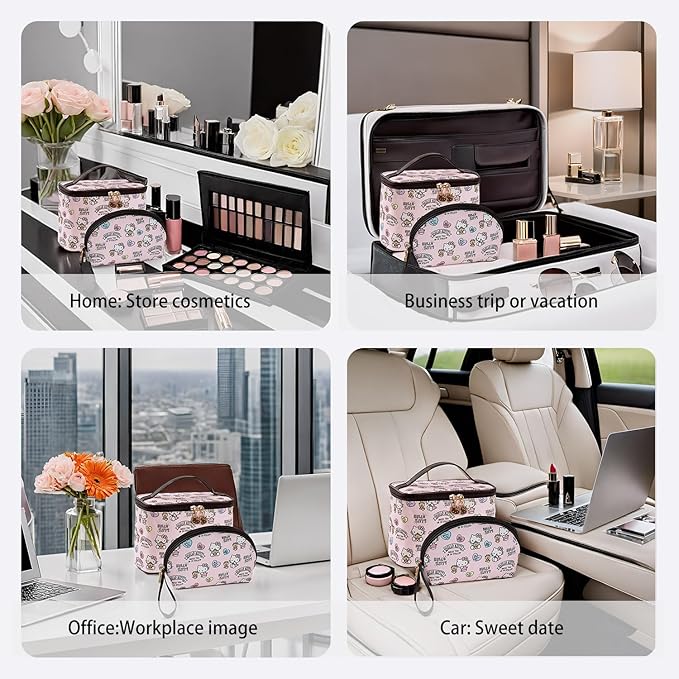 AmBealla Cosmetic Bag Large Makeup Bags Pink Travel Case with Makeup Brush Holder，2PCS Cosmetic Organizer for Women, Toiletry Storage Bag for Skincare & Beauty Tools Sweet Cute for Girls