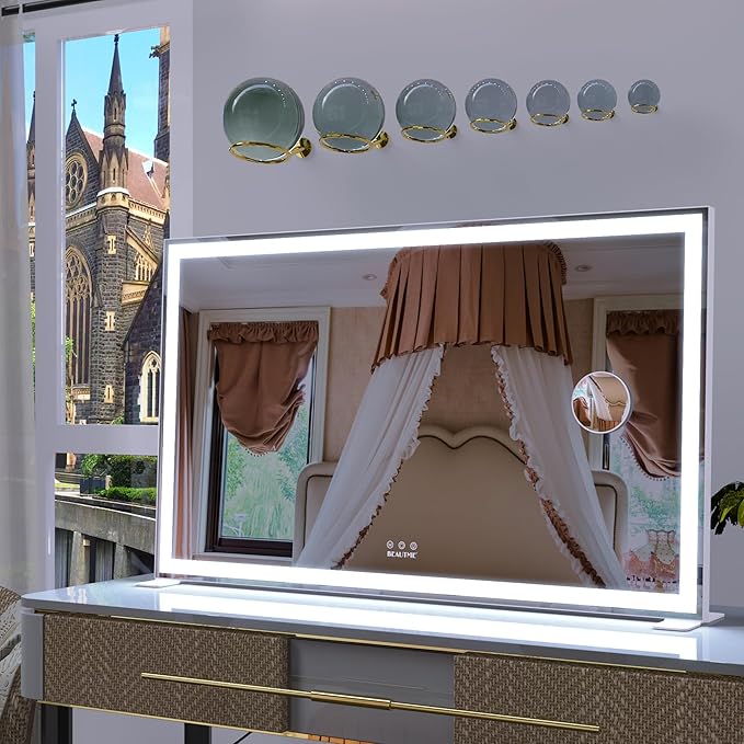 BEAUTME Large Vanity Mirror with Lights 40x24 inch,Lighted Makeup Mirror with Lights fo Bedroom/Dressing Table/Bathroom,Light Up/Aluminum Frame White (Horizontal/Vertical)