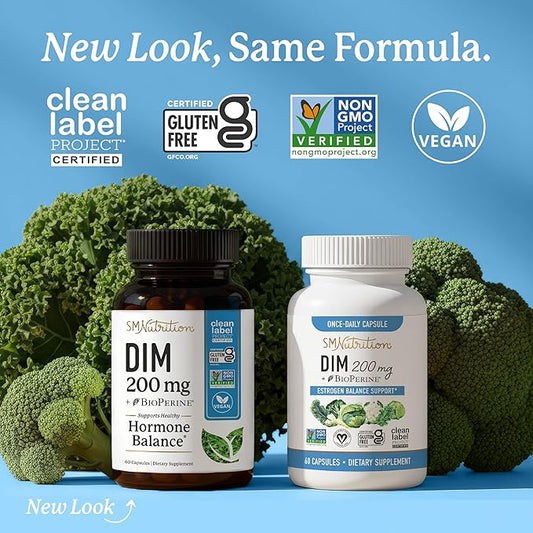 DIM Supplement 200 mg | Estrogen Balance for Women & Men | Hormonal Acne, Hormone Balance, Menopause & Antioxidant Support | Clean Label Project Certified, Vegan & Soy Free Diindolylmethane | 60 Ct.
