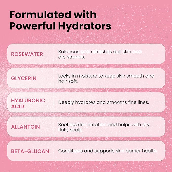 Rosewater and Glycerin Spray – Hydrating & Refreshing Rose Water Spray for Face & Hair – Facial Mist Toner with Hyaluronic Acid to Soothe, Soften, Tone & Prep Skin – Alcohol-Free, 4 Fl Oz