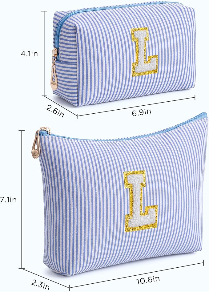 Blue Personalized Initial Makeup Bag Set, Cute Preppy Travel Toiletry Cosmetic Bags, Small Make Up Pouch, Birthday Gifts for Women, Girls, Friends, (L)