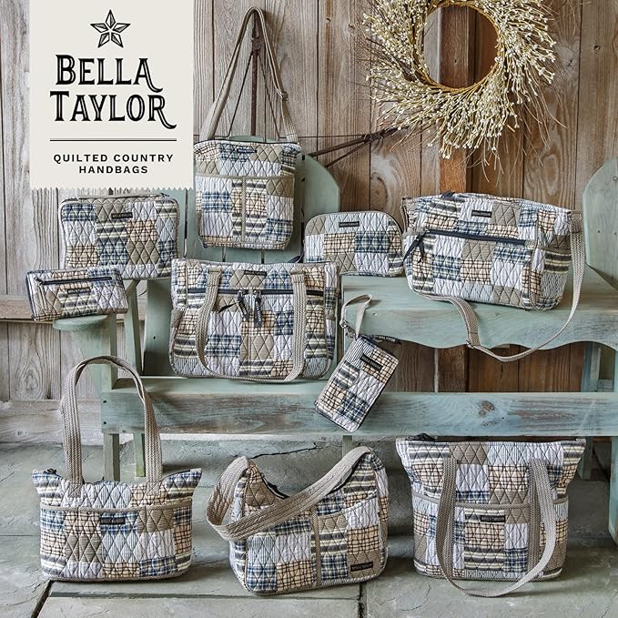 Bella Taylor Large Quilted Cotton Makeup Pouch for Women, Travel Cosmetic Bag, Quilted Cotton Ashmont Tan, Grey and Cream Patchwork