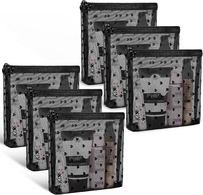 6 Pack Mini Zipper Mesh Makeup Bags, Heart Print Nylon Cosmetic Bags Toiletry Bags for Office Travel Organization (Widened-Black, S)