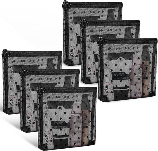 6 Pack Mini Zipper Mesh Makeup Bags, Heart Print Nylon Cosmetic Bags Toiletry Bags for Office Travel Organization (Widened-Black, S)